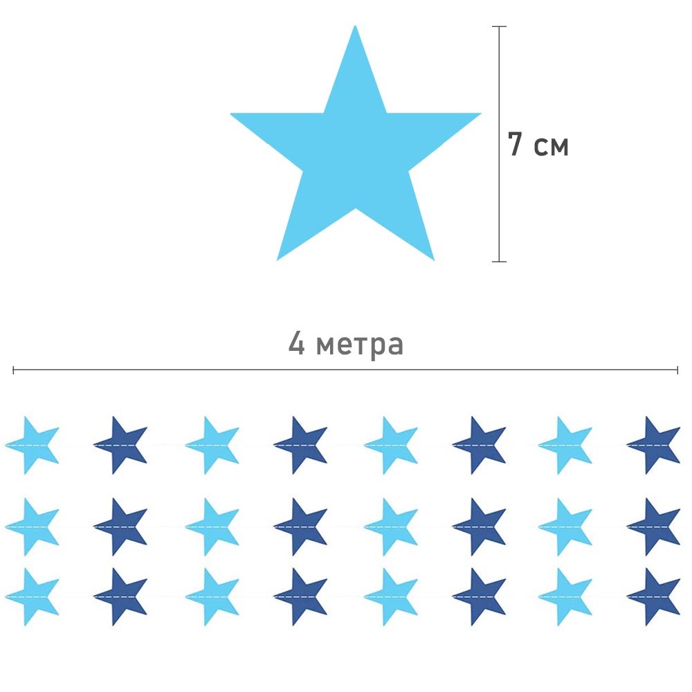Гирлянда "Звезды" перламутровые 7 см 4 м, Голубой+ т.Синий