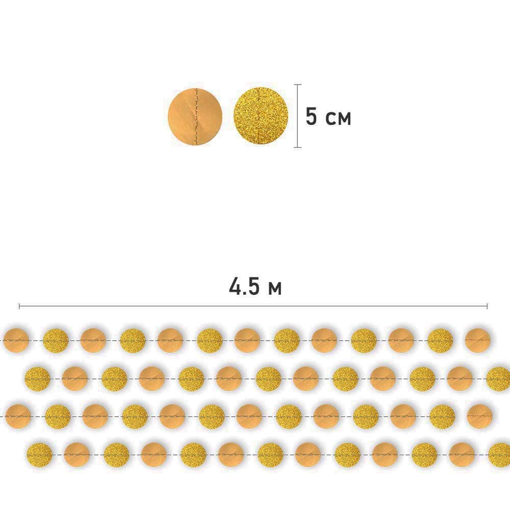 Гирлянда "Кружочки" блеск/металик 5 см х 4,5 м, Золото