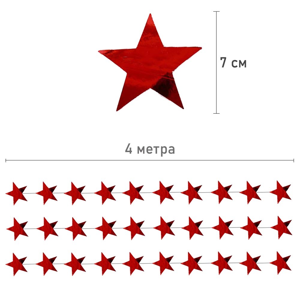 Гирлянда Звезды металик 7 см 4 м красный