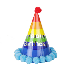 Колпачок с помпончиками "Happy Birthday" Радуга голубой